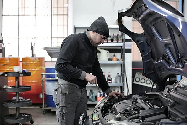 Engine bay with diagnostic work underway